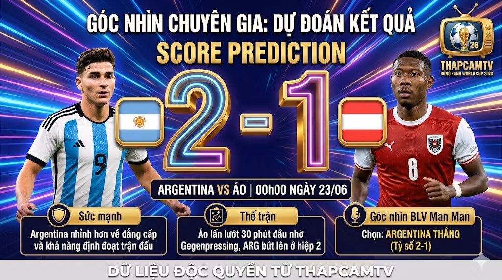 Dự đoán tỷ số trận đấu Argentina vs Áo lượt trận bảng J ngày 23/6.
