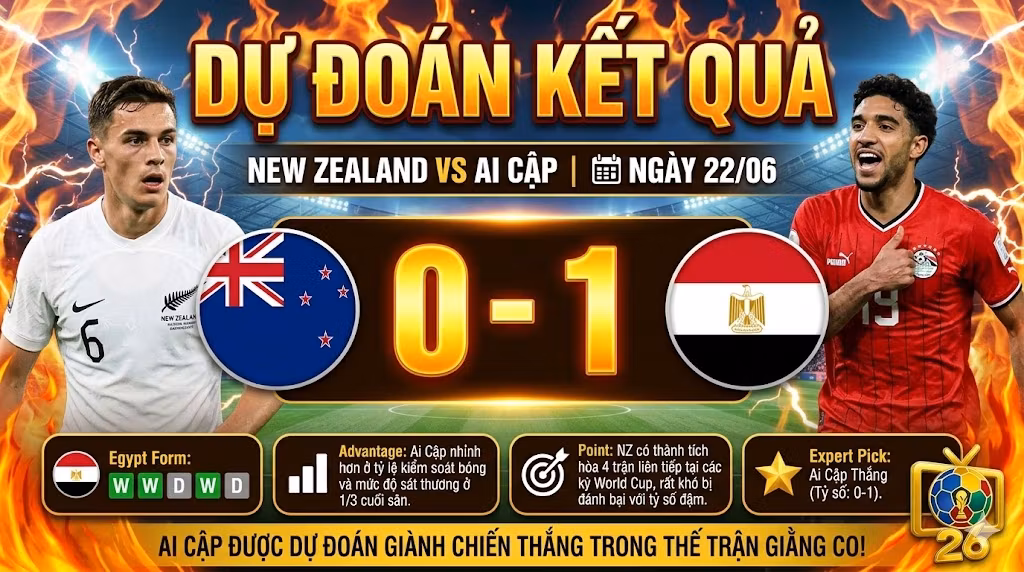 Chuyên gia BLV Man Man dự đoán kết quả tỷ số 0-1 nghiêng về Ai Cập trong trận đấu với New Zealand tại World Cup 2026, cung cấp dữ liệu độc quyền từ ThapcamTV.