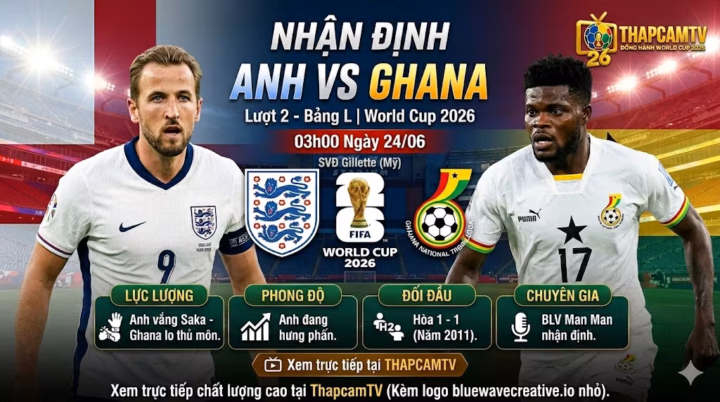 Nhận định bóng đá Anh vs Ghana lượt 2 bảng L World Cup 2026 trên Thapcamtv