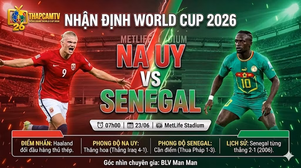 Nhận định bóng đá Na Uy vs Senegal bảng I World Cup 2026 trên ThapcamTV
