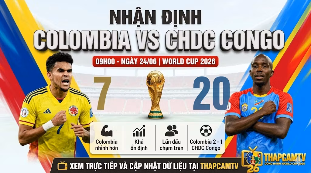 Ảnh bìa nhận định trận đấu Colombia vs CHDC Congo tại World Cup 2026, với sự góp mặt của Luis Diaz và Yoane Wissa cập nhật trên ThapcamTV.