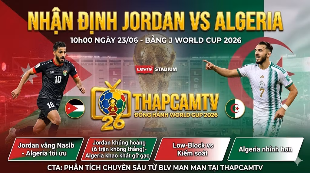 Hình ảnh bìa bài viết nhận định tỷ số trận đấu Jordan vs Algeria lúc 10h00 ngày 23/06 tại bảng J World Cup 2026 từ chuyên gia ThapcamTV.